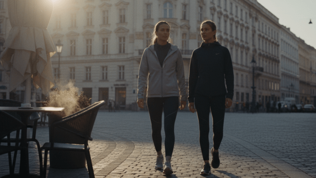 Two women walking together through the city in the morning – symbol of mental health coaching, support and transformation in daily life
