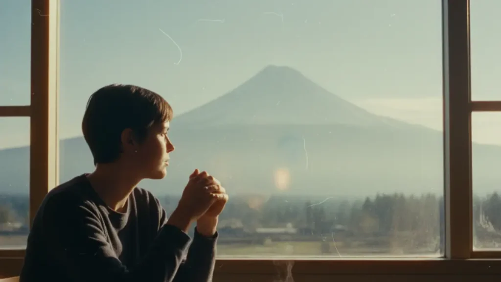 Thoughtful woman looking out of window at a mountain – symbol of self-reflection and the question “Do I need coaching?”