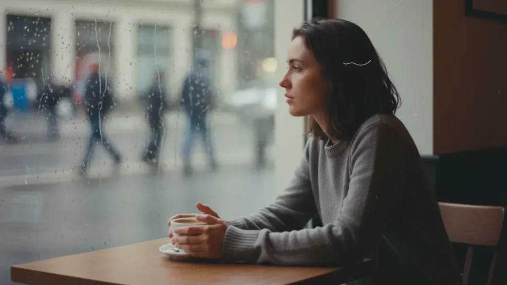 Woman staring thoughtfully through rainy café window – symbol of disappointment and coping with setbacks in life