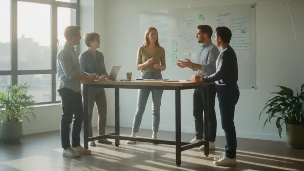 Team discussing at whiteboard – symbol of collaboration, career growth and overcoming imposter syndrome