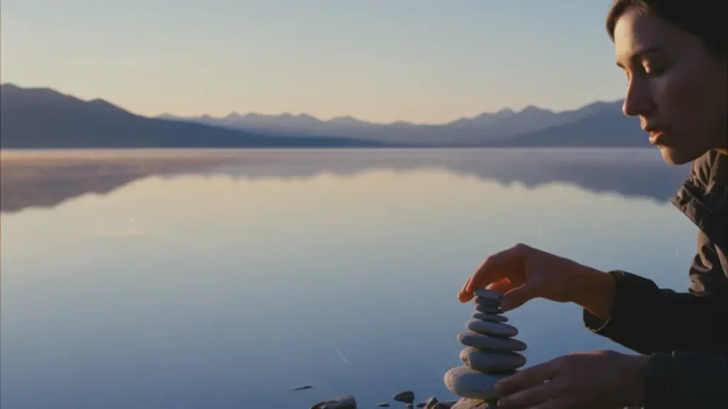 Woman stacking stones by a lake – symbol of mindfulness, self-control and inner balance