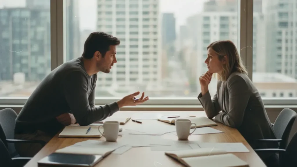 Business conversation between man and woman in office – symbol of negotiation, communication and success in business