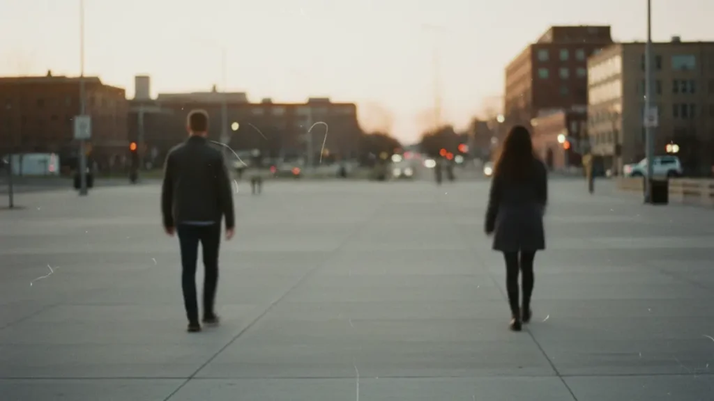 Man and woman walking separate ways in the city at sunset – symbol of toxic relationship and emotional distance