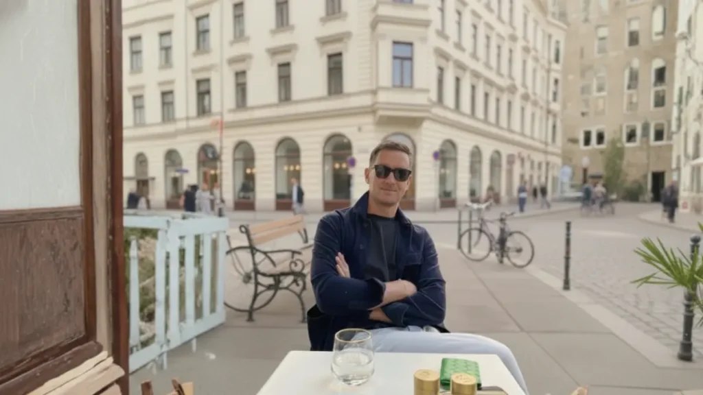 Man sitting confidently at an outdoor café table in central Vienna with folded arms, wearing sunglasses and casual smart clothing, surrounded by historic European buildings and bicycles in the background.
