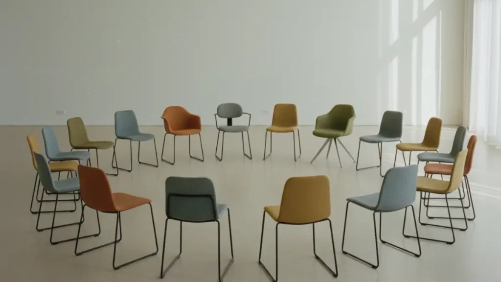 Empty circle of chairs in a bright room – representation of the 16 personality types in coaching context
