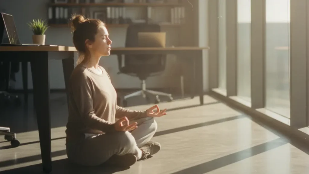 a person sitting cross-legged next to her office table, gently practicing breathing exercises with eyes closed, sunlight filtering through the window