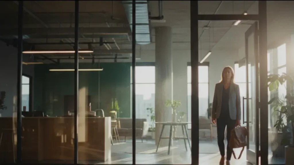 Businesswoman with bag entering a modern office in morning light – symbol of career change at 50