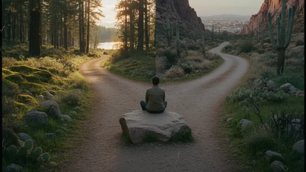 Person sitting at a crossroads, uncertain between two paths – distinction between coaching vs therapy