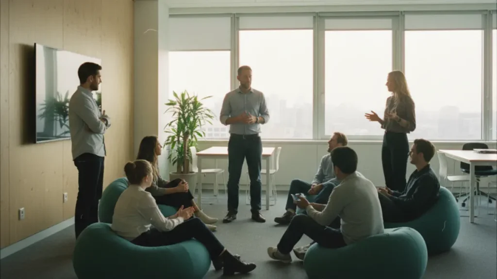 Coaching culture in business – team meeting with leader and employees, collaboration and growth.