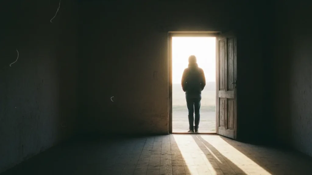 Person standing in a doorway looking into the light – symbol of coaching through a crisis