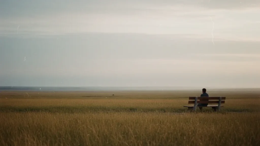 Person sitting alone on a bench in a wide field – symbol of emptiness inside and self-reflection
