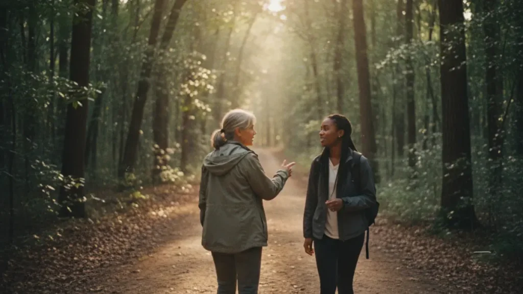 Two people walking together on a forest path in sunlight – symbol of finding the right coach