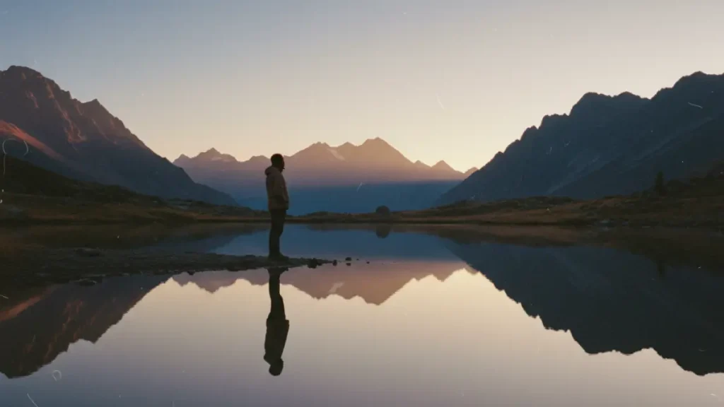 Person standing by a calm mountain lake at sunrise – symbol of finding yourself and inner clarity.