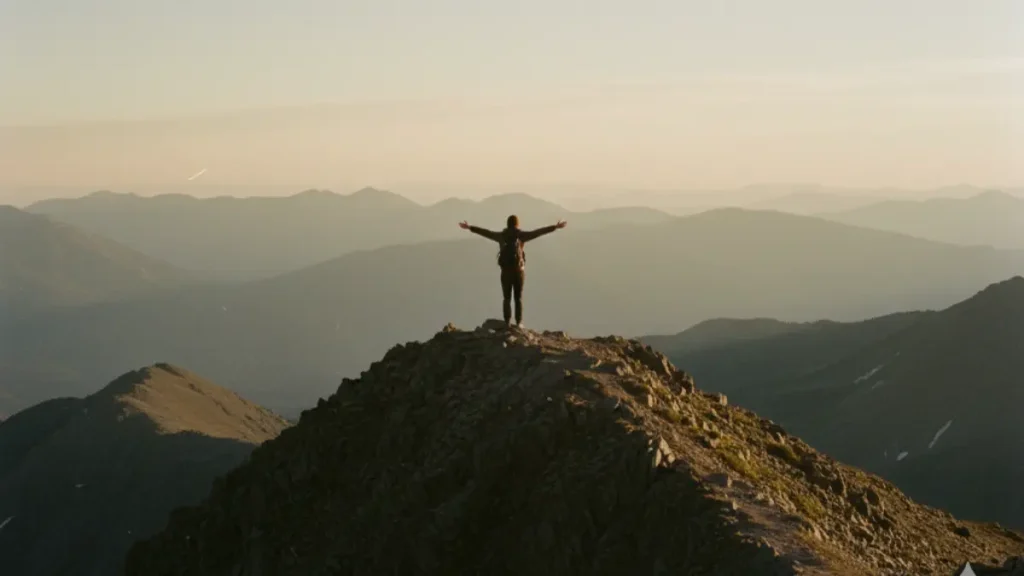 Finding purpose – hiker with outstretched arms on mountain peak, symbolizing fulfillment and clarity.