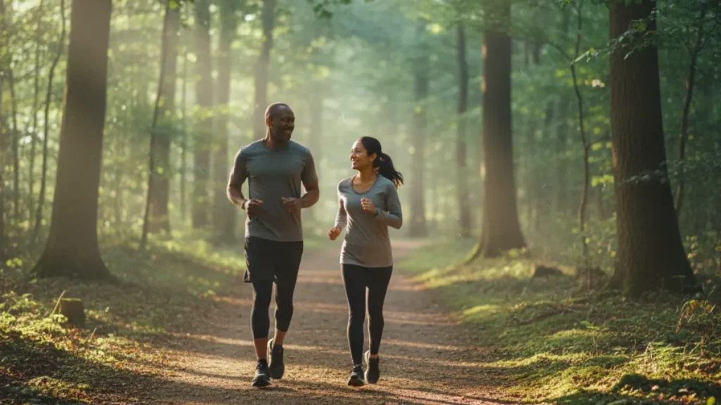 Health coaching – coach and client jogging together through a forest trail, focused on fitness and wellbeing.