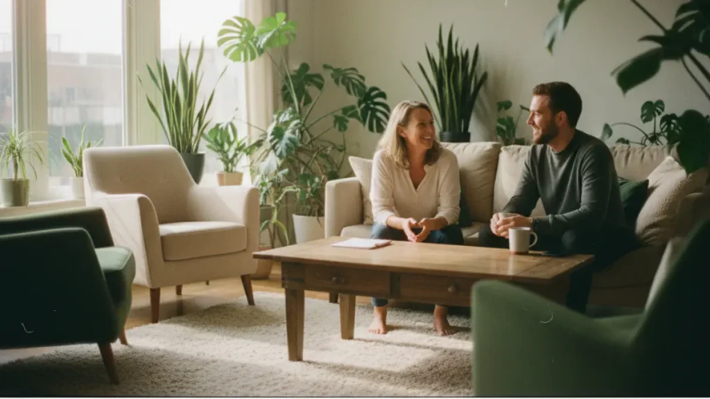 Woman and man sitting in a living room having a conversation – symbol of life coaching and personal growth