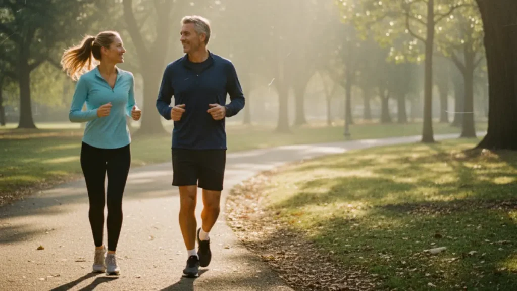 a senior manager jogging in the early morning light alongside a younger colleague, symbolizing resilience, health, and sustainable leadership over time