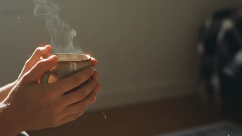 Hands holding a steaming cup of tea in morning light – symbol of mindfulness and living consciously