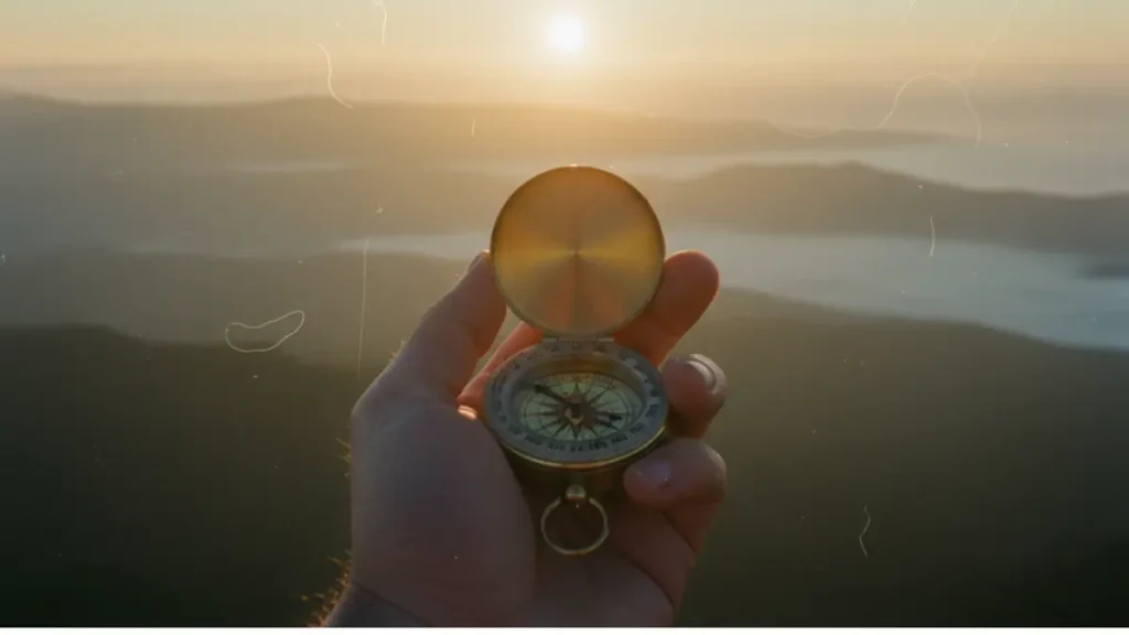 Hand holding a compass at sunrise – symbol of personal values and life direction