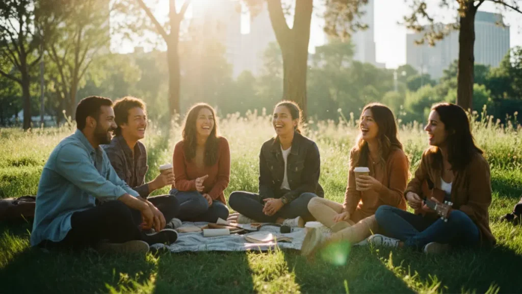 Mental wellbeing – group of young people laughing together in the park, symbolizing mental health and mindfulness.