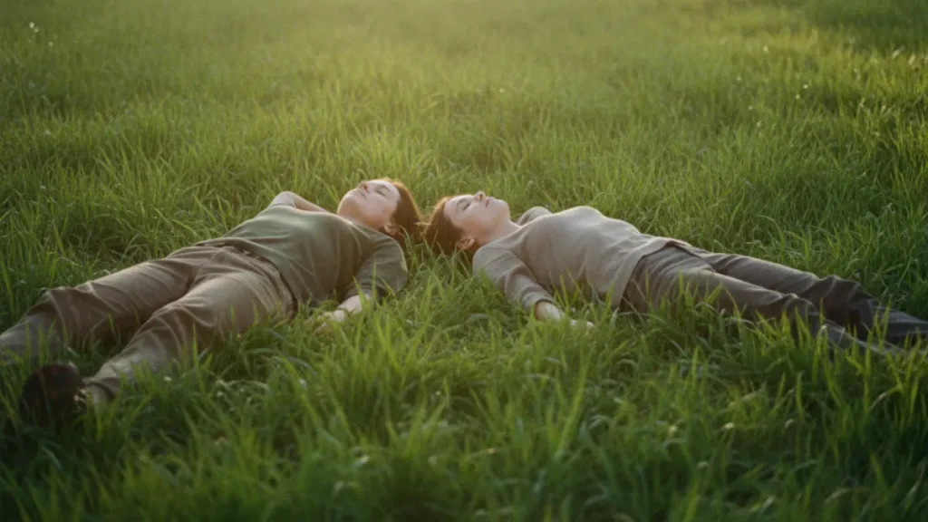 two people lying relaxed on the grass under warm sunlight, eyes closed, symbolizing deep relaxation and naturally lowering cortisol levels