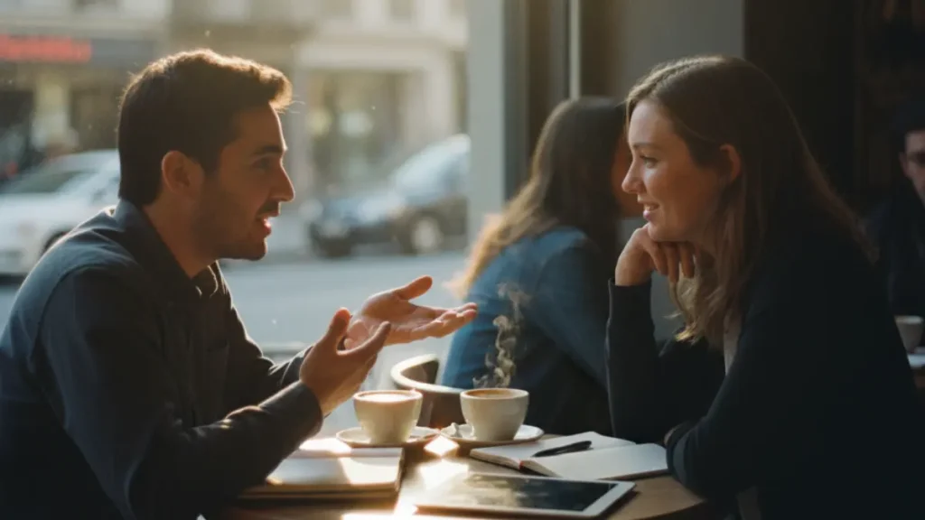 two colleagues sitting across from each other at a small café table, leaning forward in engaged conversation, warm sunlight highlighting their expressions