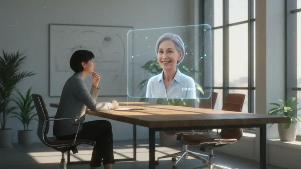 a professional client sitting at a desk in a bright, modern office, attentively listening to a 3D holographic coach displayed on a transparent screen; the coach appears realistic and expressive, with subtle digital shimmer around the edges to indicate AI augmentation; the atmosphere is calm and focused, warm natural light streaming through large windows, soft film grain, muted tones, authentic human-AI interaction that feels personal and inspiring