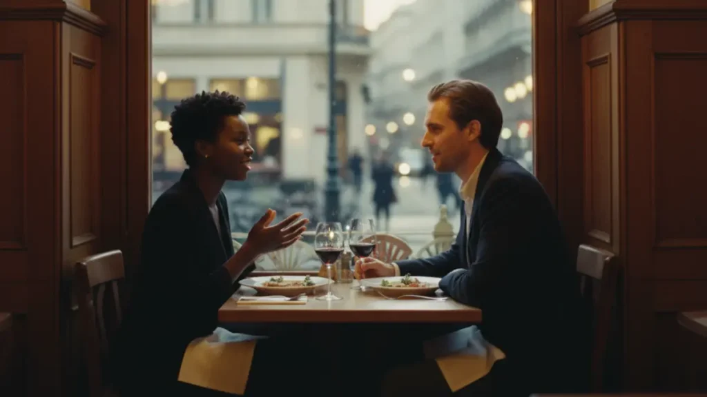 A black woman and a white man sitting in a restaurant in Vienna and at their first date. Both are smiling.