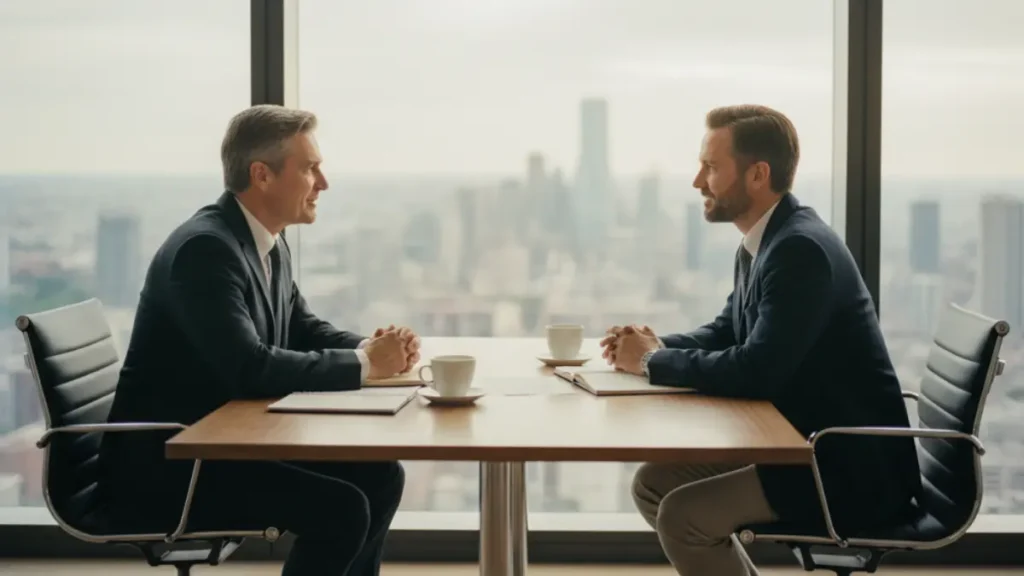 an experienced executive and a coach sitting across from each other in a glass-walled office with a panoramic city view, engaged in an open, strategic conversation; both lean slightly forward, the atmosphere calm yet focused, symbolizing leadership reflection, clarity, and the transformative impact of executive coaching