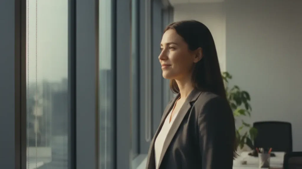 a person standing in a modern high-rise office near a large window, looking thoughtfully into the distance with a gentle, optimistic smile; soft morning light illuminating the face, reflections of the city skyline visible in the glass; the atmosphere conveys quiet confidence, acceptance, and hope for what lies ahead