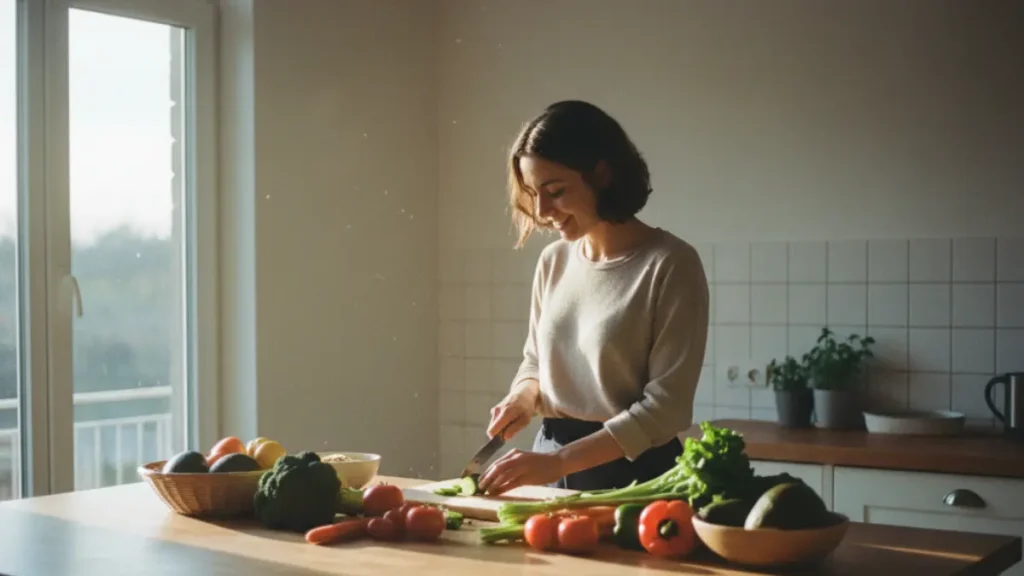 a person preparing fresh vegetables and whole foods on a wooden kitchen counter in natural sunlight, smiling calmly, symbolizing balance, mindfulness, and holistic nutrition as a way of living