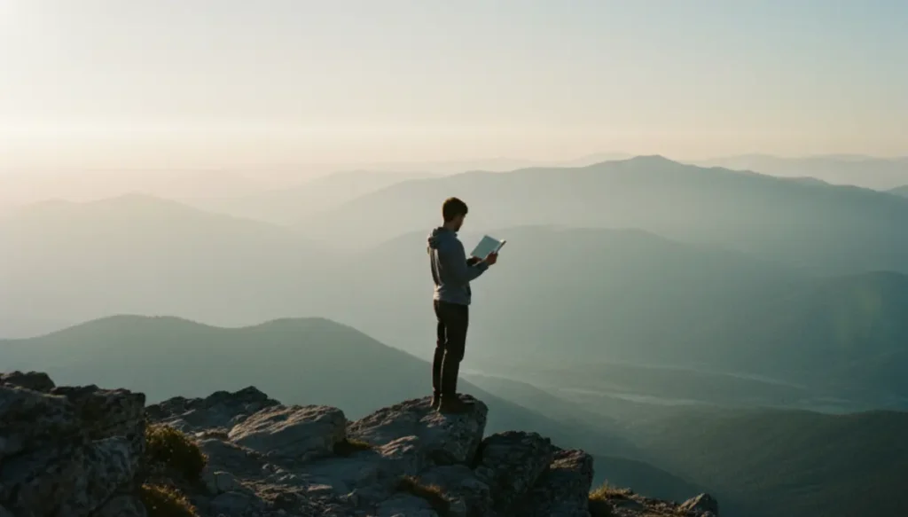 a person standing alone on a mountain viewpoint at sunrise, holding a small notebook, looking out over a vast valley, symbolizing reflection, purpose and the search for one’s why
