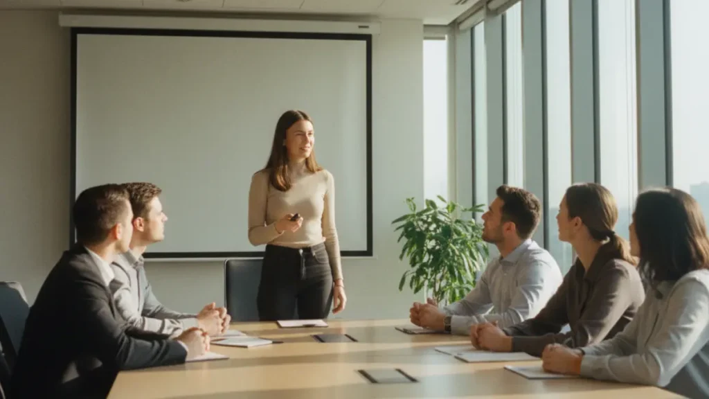 a person standing in a modern conference room, facing a few attentive colleagues while holding a presentation; soft natural light from large windows, the speaker looks slightly nervous but determined, beginning to smile with growing confidence as they speak; atmosphere of courage, growth, and overcoming fear.