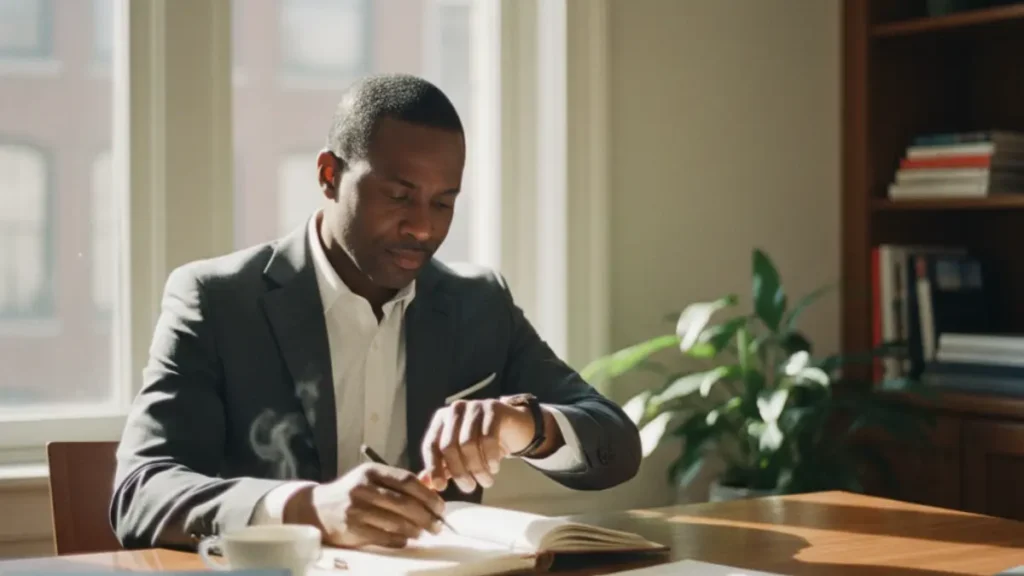 a professional sitting at a wooden desk in morning light, surrounded by an open planner, sticky notes, and a cup of coffee; they check the time on a wristwatch while writing in a notebook, symbolizing effective time management and structured daily planning