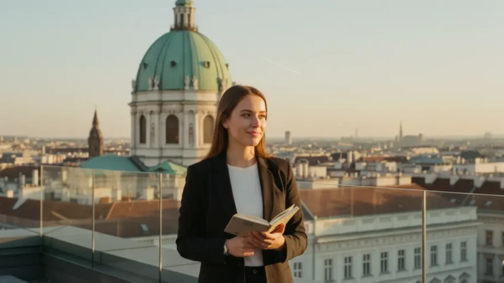 a young professional standing on a rooftop in Vienna during sunrise, holding a notebook and smiling slightly while watching the light spread across the city, symbolizing curiosity, resilience, and a growth mindset toward new challenges