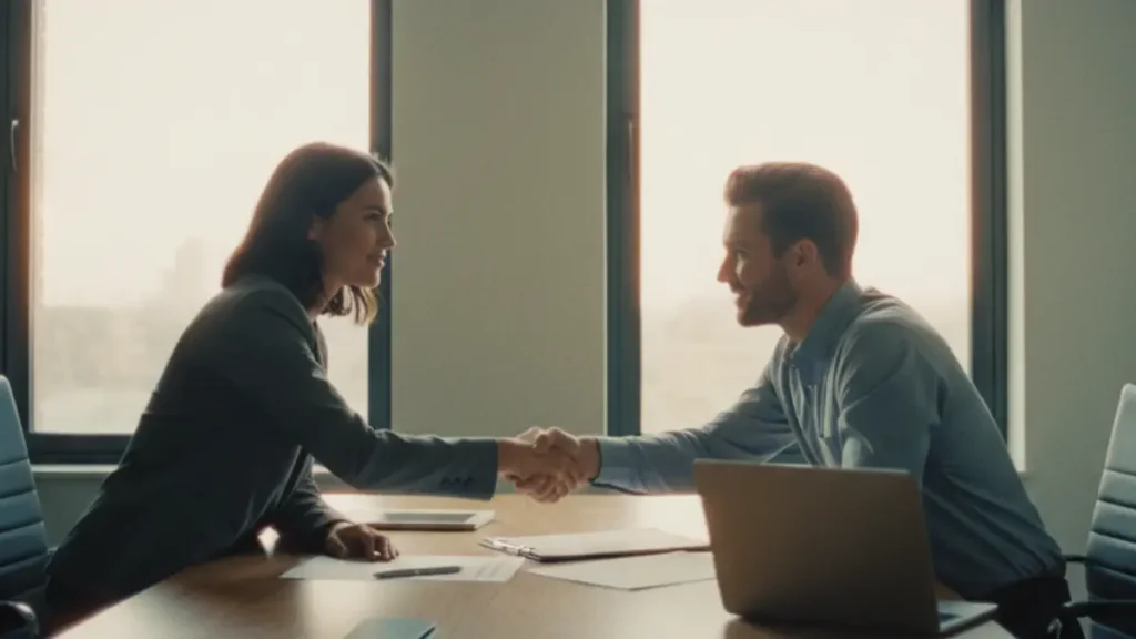 two professionals leaning slightly forward over a modern office desk, shaking hands after a successful meeting; warm afternoon light enters through tall windows, papers and a laptop on the table hint at a new contract, symbolizing fresh opportunity, confidence, and a new beginning after job loss