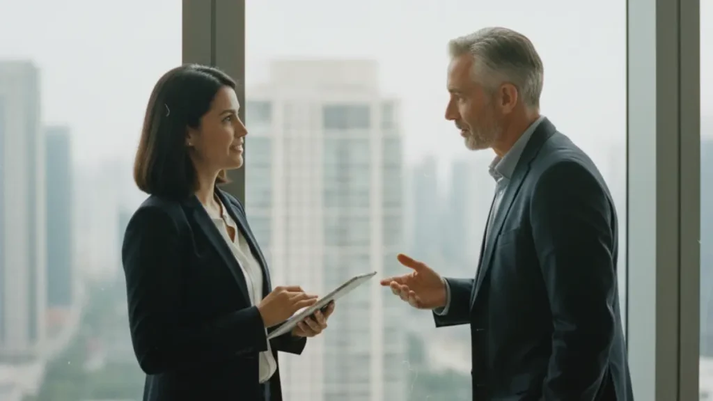 a professional and a coach standing near a window in a modern office, sharing a brief but meaningful exchange; both smiling slightly, the coach offering concise advice while the client listens attentively, symbolizing the impact of short, focused micro-coaching moments in everyday work life