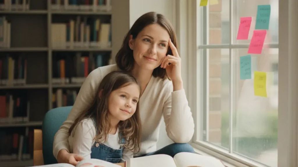 a person sitting by a window next to her daughter surrounded by scattered sticky notes and sketches, gently touching their temple while reflecting, symbolizing the brain’s adaptability and neuroplasticity in learning and growth