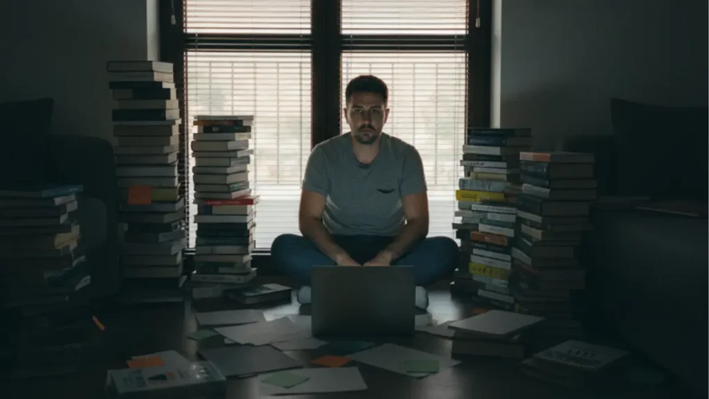 a young man sitting alone on the floor in a dimly lit modern apartment surrounded by piles of self-help books, a few notes; the person looks tired and slightly frustrated, staring blankly as daylight fades through half-closed blinds; the scene symbolizes information overload, isolation, and the emotional fatigue of self-improvement without guidance