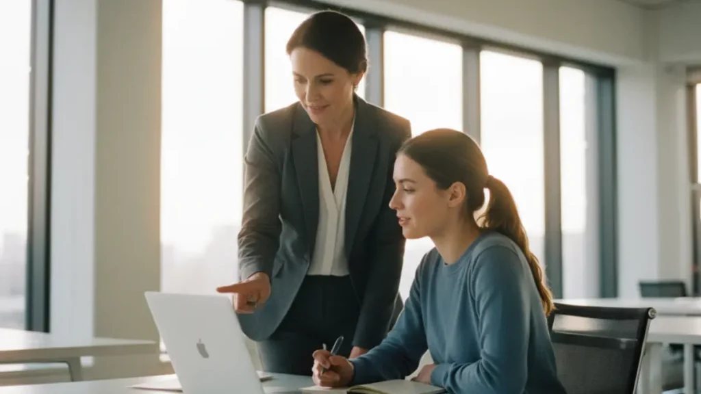 a woman leader standing beside a younger employee who is sitting at a desk with an open Apple laptop; she points gently at the screen while explaining something, and the employee listens with appreciation and curiosity; warm natural light comes through large office windows, symbolizing supportive guidance, respectful communication, and the art of giving constructive feedback