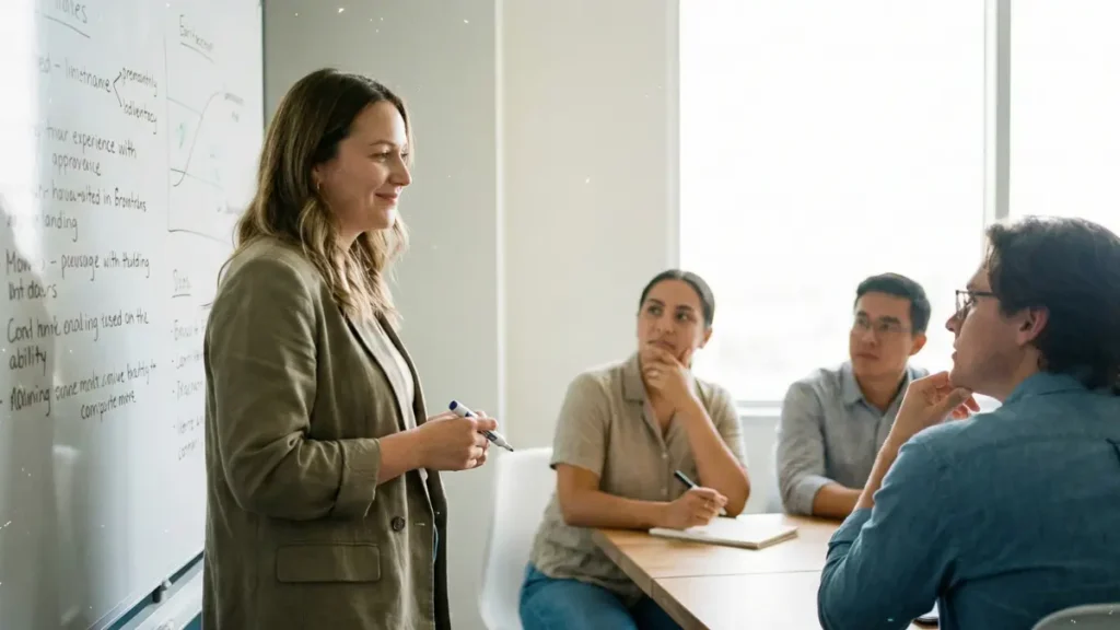 a leader standing beside a whiteboard in a bright meeting room, guiding a small team discussion; she holds a marker and smiles while asking a reflective question, and the team members look engaged and thoughtful, symbolizing coaching skills such as empowering questions, active listening, and facilitation rather than instruction