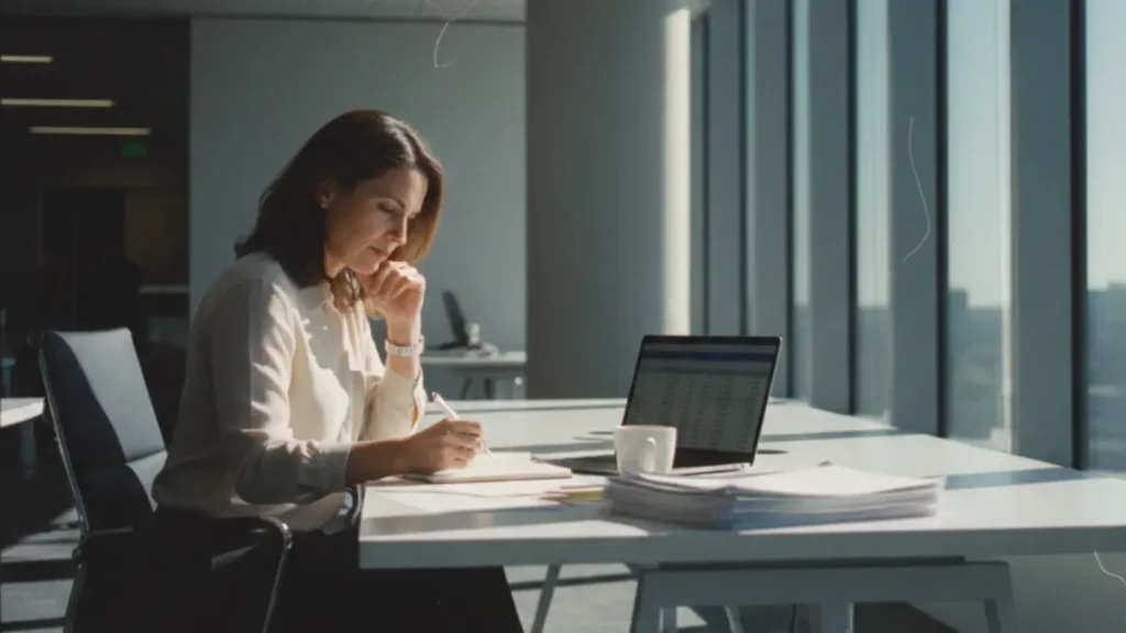 a professional sitting at a modern office desk, reviewing notes and salary data before an important meeting; a laptop, pen, and cup of coffee on the table, sunlight streaming through large windows, symbolizing preparation, confidence, and strategic thinking before a salary negotiation