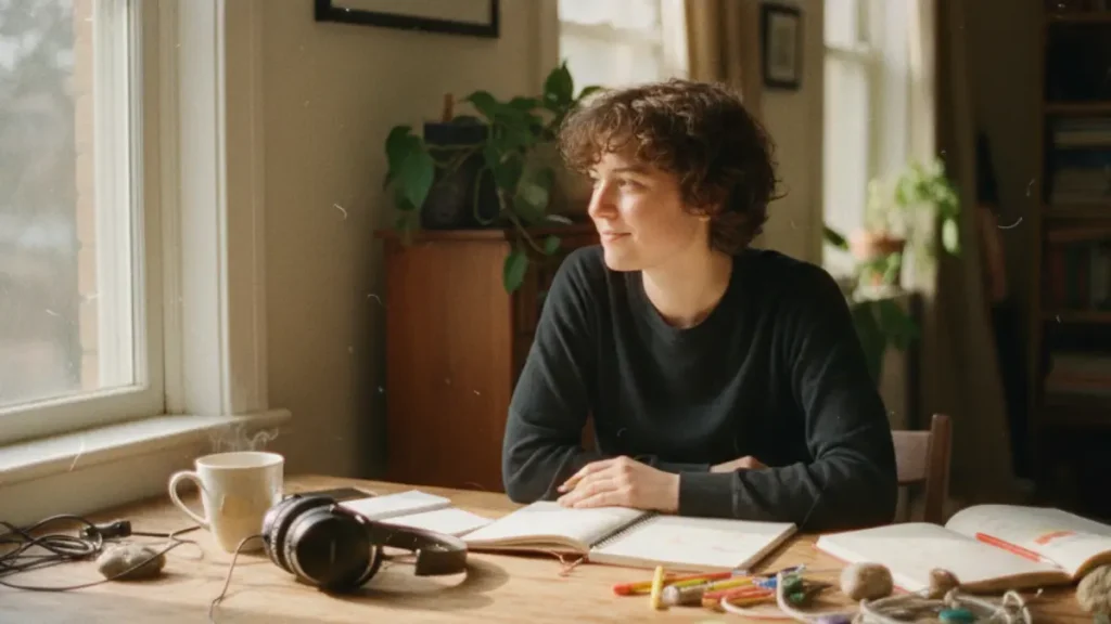 a young adult sitting at a wooden desk by a window, sunlight spilling across open notebooks, headphones, and a cup of tea; they look out thoughtfully, slightly distracted yet peaceful, symbolizing the unique balance of creativity, focus challenges, and self-acceptance that come with AuDHD