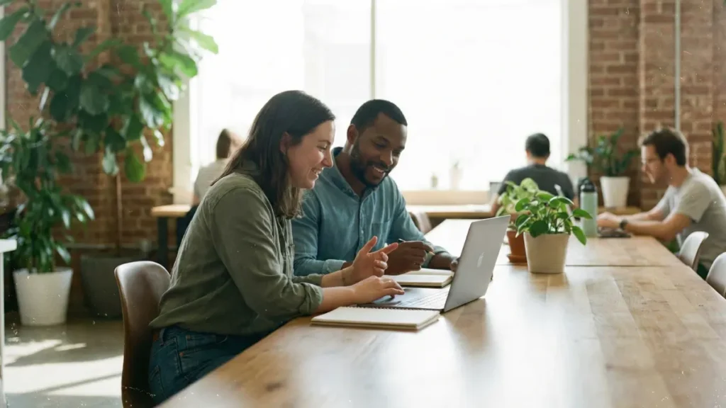 a founder sitting at a wooden table in a creative coworking space, laptop open and notebook beside it; a coach sits next to them rather than across from them, both leaning slightly toward the screen while discussing strategy, symbolizing support, collaboration, and clarity for early-stage entrepreneurship