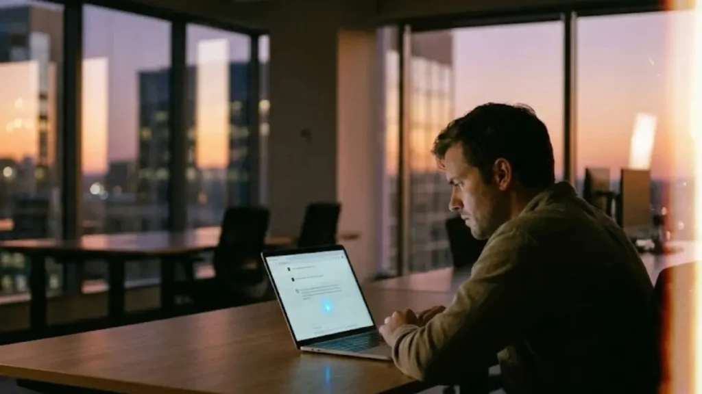 a person sitting alone in a modern office late afternoon, staring thoughtfully at an open laptop showing a simple AI chat interface; their expression is uncertain but curious, soft daylight fading through tall windows and city reflections in the glass, symbolizing fear of AI, uncertainty about the future, and the process of adapting with calm realism