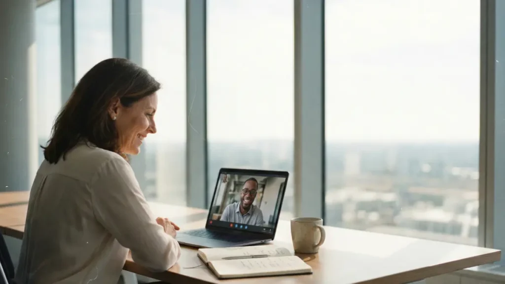 a coach sitting in a bright modern office while a client appears on a laptop screen in front of them; both smiling and engaged in conversation, a notebook open on the desk, large windows letting in natural daylight, symbolizing the blend of in-person presence and online coaching