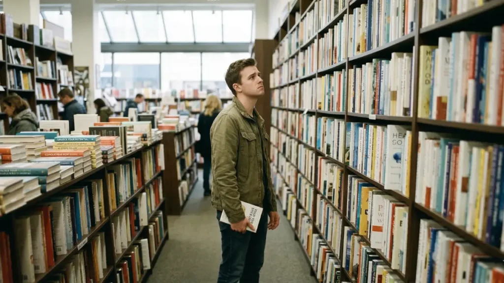 a young man standing in the self-help section of a large bookstore, holding one book while staring at an entire wall filled with similar titles; he looks uncertain and slightly overwhelmed, surrounded by endless promises of improvement, symbolizing the self-help trap of too much advice and not enough clarity