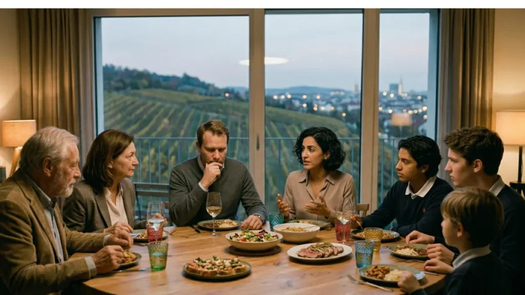 a well-dressed multigenerational family seated around a large dinner table in a beautiful hillside home overlooking Vienna, engaged in a strained pause between conversation and silence as hands rest near untouched wine glasses and half-finished plates, with the soft evening glow over rolling hills visible through wide windows; their posture and expression subtly reflect suppressed tension and emotional distance, hinting at the difficult first step toward understanding and resolving family conflict
